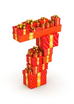 Number 7 from gift boxes in isometric decorated with yellow ribbons