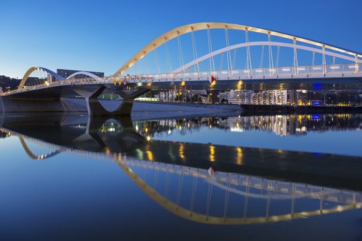 View of Schuman bridge by night, Lyon, France.