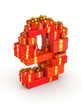 Number 9 from gift boxes in isometric decorated with yellow ribbons
