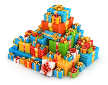 Pyramid pile of colored gifts with gold ribbons