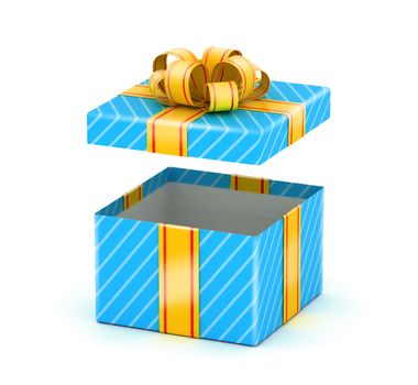 Opened blue gift box with gold ribbons on white background