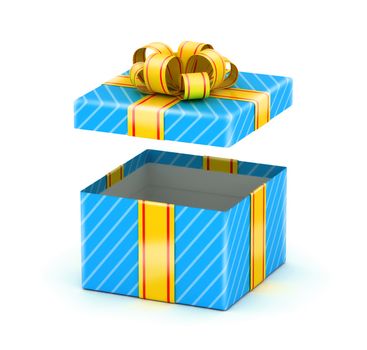 Opened blue gift box with gold ribbons on white background