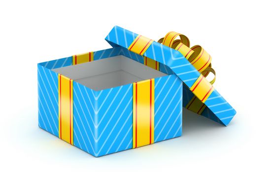 Opened blue gift box with gold ribbons on white background