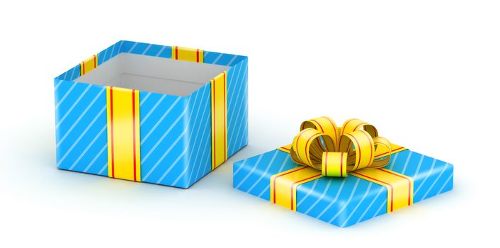 Opened blue gift box with gold ribbons on white background