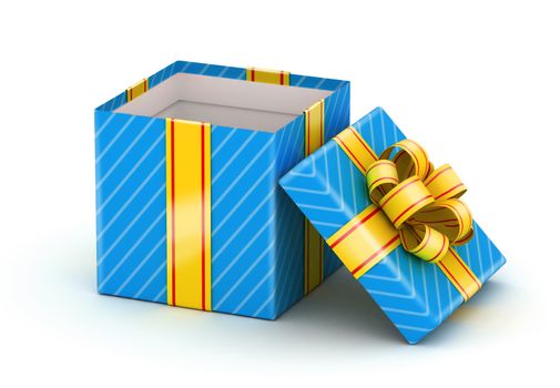 Opened blue gift box with gold ribbons on white background