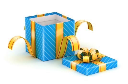 Opened blue gift box with gold ribbons on white background