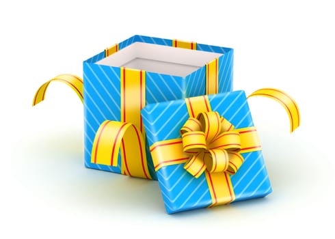 Opened blue gift box with gold ribbons on white background