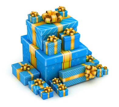 Big box pile of blue gift box with yellow ribbons