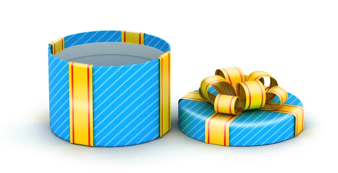 Opened blue gift box with gold ribbons on white background