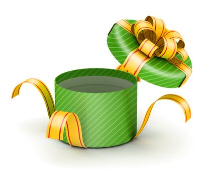 Open  round green gift box with gold ribbons on white background