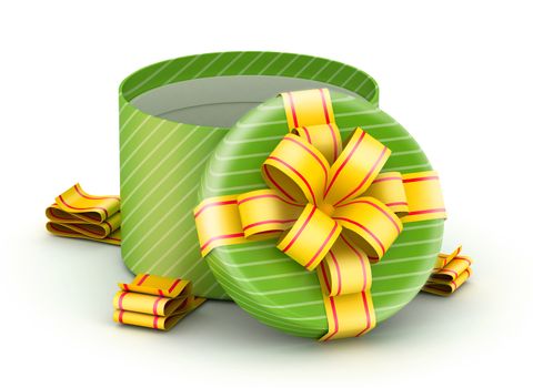 Open  round green gift box with gold ribbons on white background