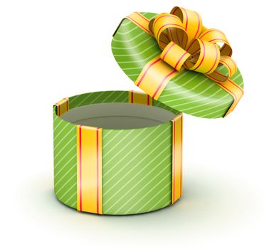 Open round green gift box with gold ribbons on white background