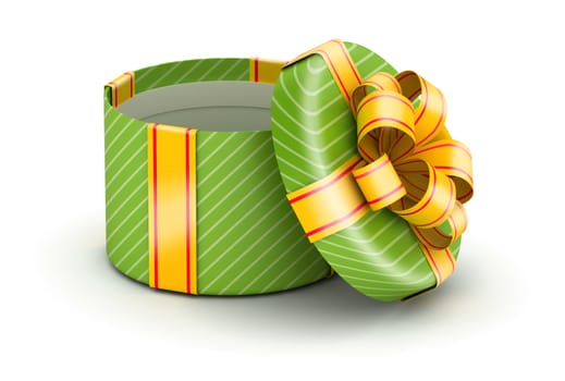 Round green gift with gold ribbons on white background