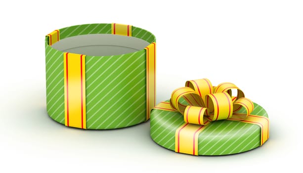 Open  round green gift  with gold ribbons on white background