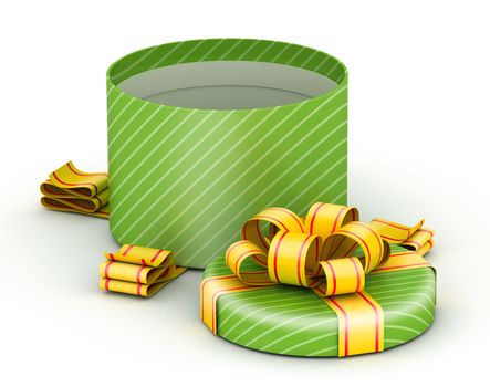 Open  round green gift box with gold ribbons on white background