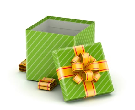 Opened green gift with gold ribbons on white background
