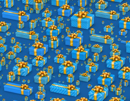 Lots of  gift boxes lay on blue background