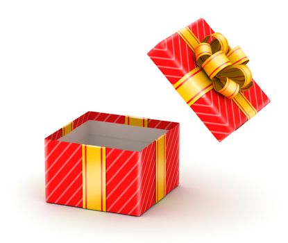 Opened red gift box with gold ribbons on white background