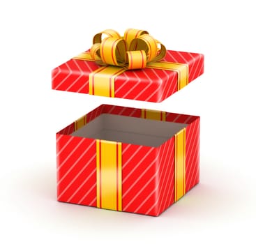 Opened red gift box with gold ribbons on white background