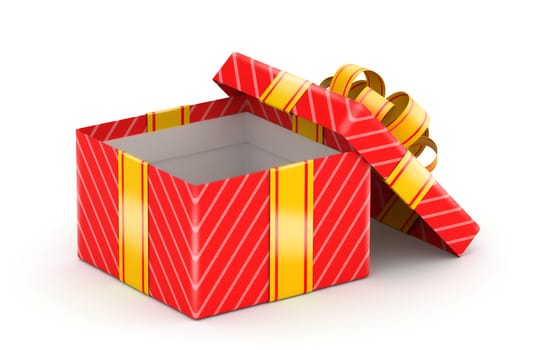 Opened red gift box with gold ribbons on white background