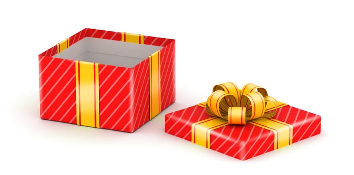 Opened red gift box with gold ribbons on white background