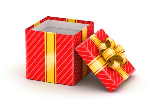 Opened red gift box with gold ribbons on white background