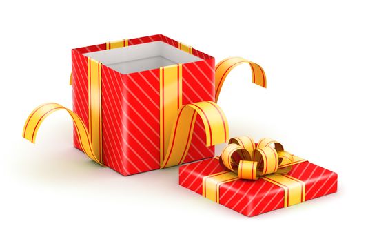 Opened red gift box with gold ribbons on white background