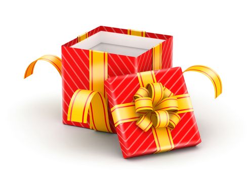 Opened red gift box with gold ribbons on white background