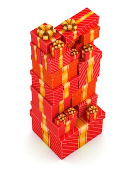 Tall stack of red gift boxes on white background