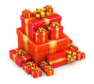 Big box pile of red gift box with yellow ribbons