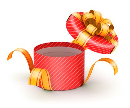 Opened  round red gift box with gold ribbons on white background