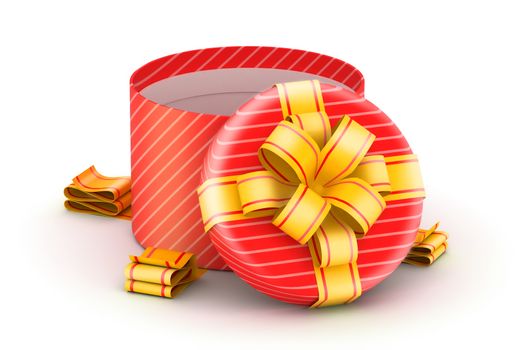 Opened  round red gift box with gold ribbons on white background