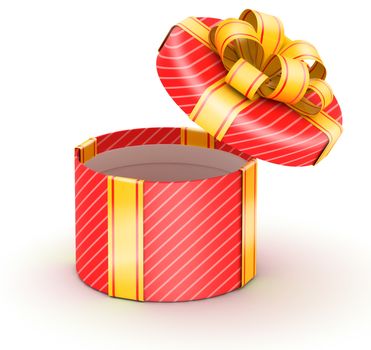 Opened  round red gift box with gold ribbons on white background