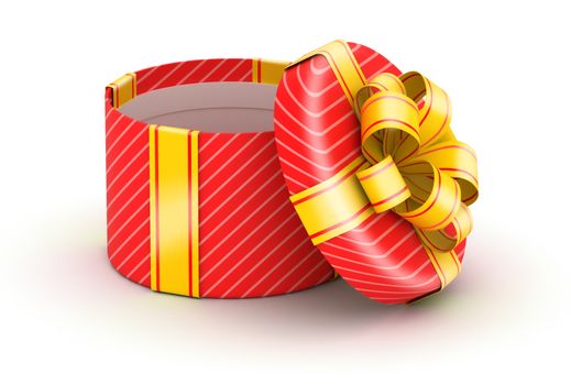 Opened  round red gift box with gold ribbons on white background