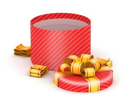 Opened  round red gift box with gold ribbons on white background