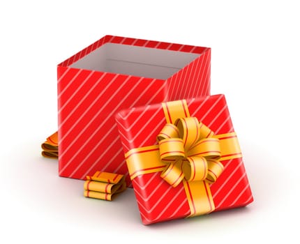 Opened  red gift box with  ribbons on white background