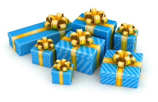 Several blue gift boxes with yellow ribbons in pile