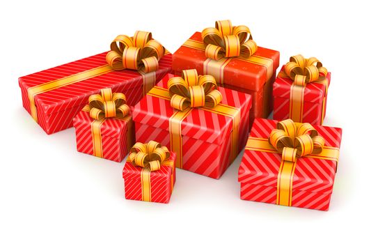 Several red gift boxes with yellow ribbons in pile