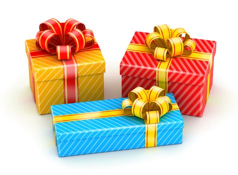 Three shiny colored gift boxes on white background