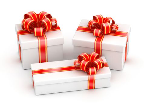 Three shiny white gift boxes on white background