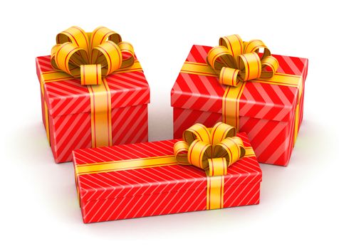 Three shiny red gift boxes on white background