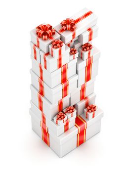Tall stack of white gift boxes on white background