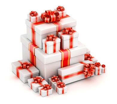 Pile of white gift boxes with red ribbons