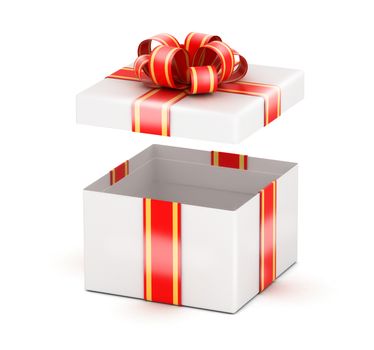 Opening of white gift box with red ribbons on white background