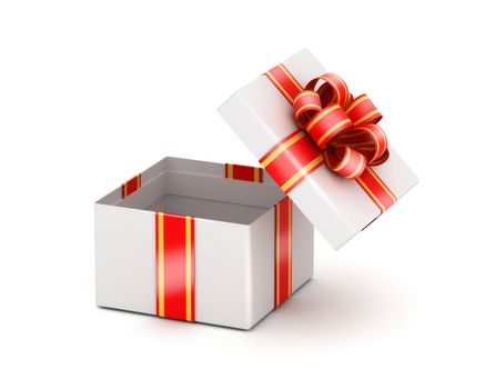 Gift box with red ribbons opened on white background