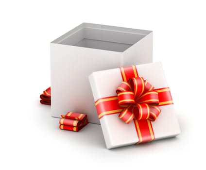 Opened   white gift box with  ribbons on white background