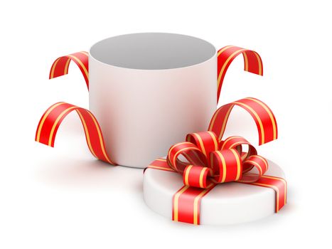 Opened white gift box with red ribbons on white background