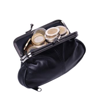 Purse full of coins on a white background