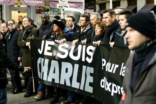 LYON, FRANCE - 11 JANUARY 2015: Anti terrorism protest after 3 days terrorist attacks with peaople dead in Paris France, European Capital