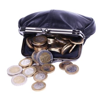 Purse full of coins on a white background